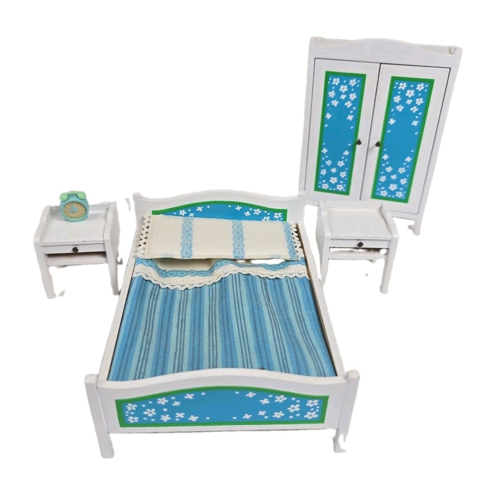 Vintage Lundby Dollhouse Furniture Blue Heaven Bedroom set With Bedding